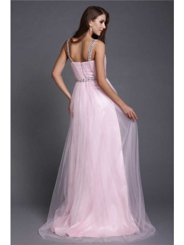 A-Line/Princess Spaghetti Straps Rhinestone Sleeveless Long Net Dresses