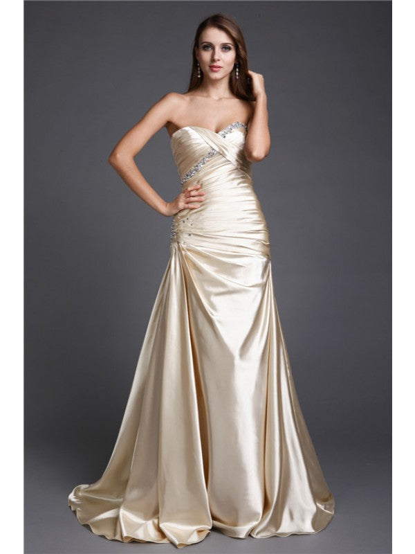 A-Line/Princess Sweetheart Beading Sleeveless Long  Woven Satin Dresses
