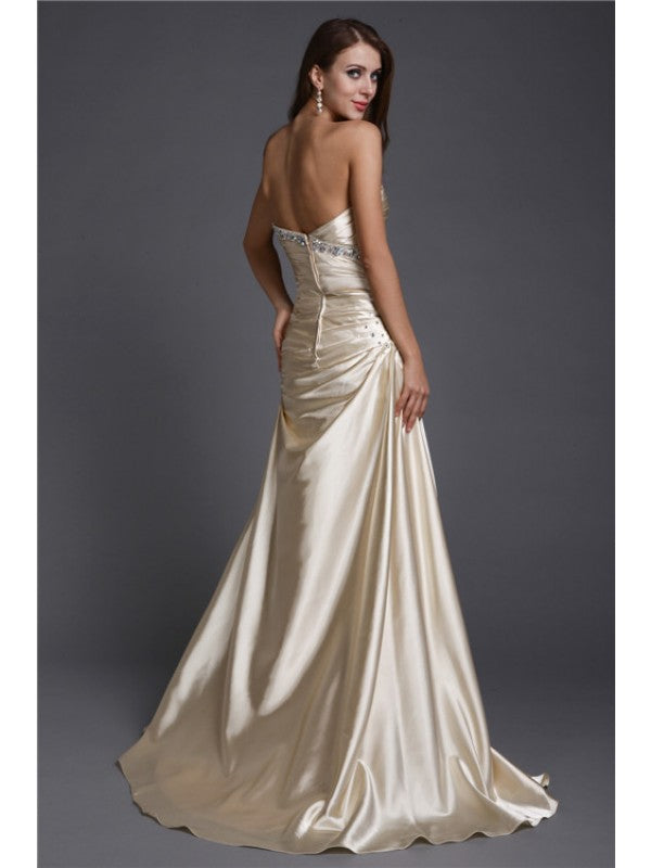 A-Line/Princess Sweetheart Beading Sleeveless Long  Woven Satin Dresses