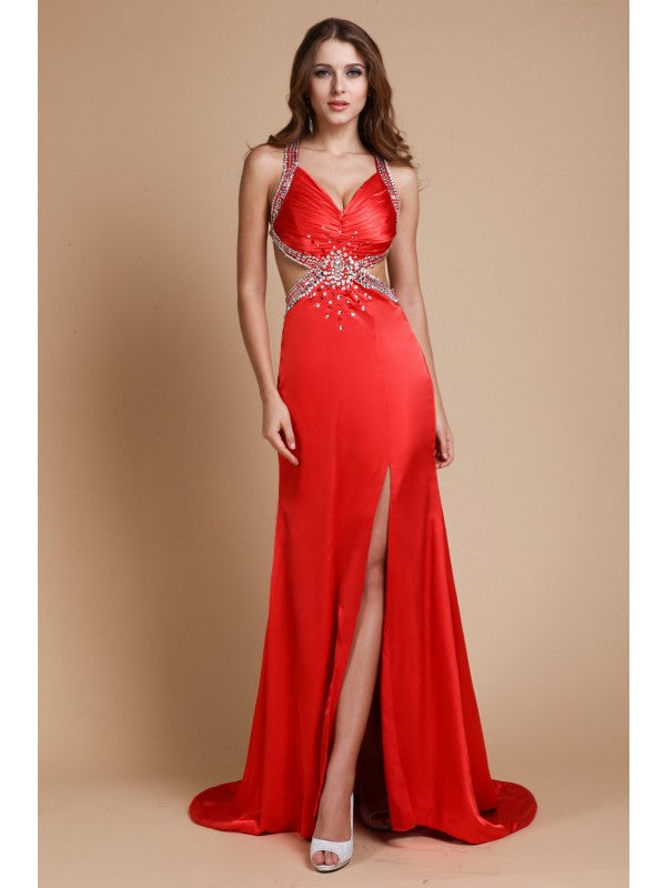 Sheath/Column Straps Beading Sleeveless Long  Woven Satin Dresses