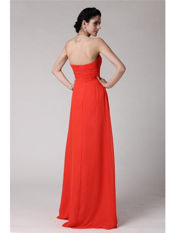 Sheath/Column Sweetheart Sleeveless Pleats Hand-Made Flower Long Chiffon Bridesmaid Dresses