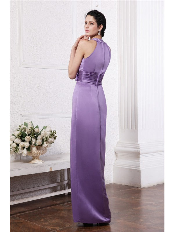 Sheath/Column Scoop Sleeveless Beading Bowknot Long  Woven Satin Bridesmaid Dresses
