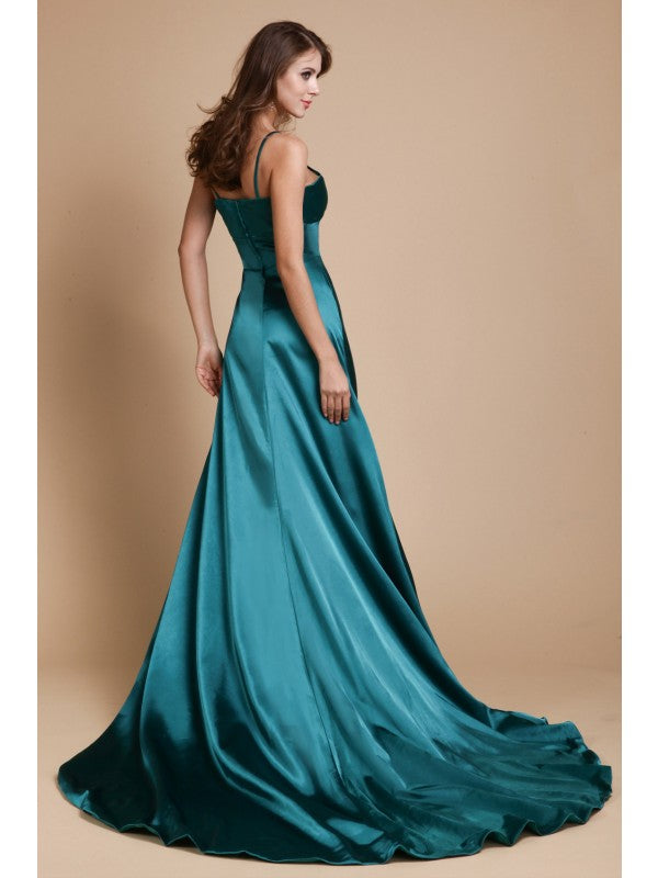 A-Line/Princess Spaghetti Straps Sleeveless Long Ruffles  Woven Satin Dresses
