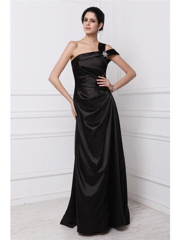 Sheath/Column One-Shoulder Sleeveless Beading Long  Woven Satin Dresses