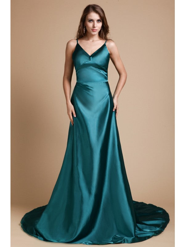 A-Line/Princess Spaghetti Straps Sleeveless Long Ruffles  Woven Satin Dresses