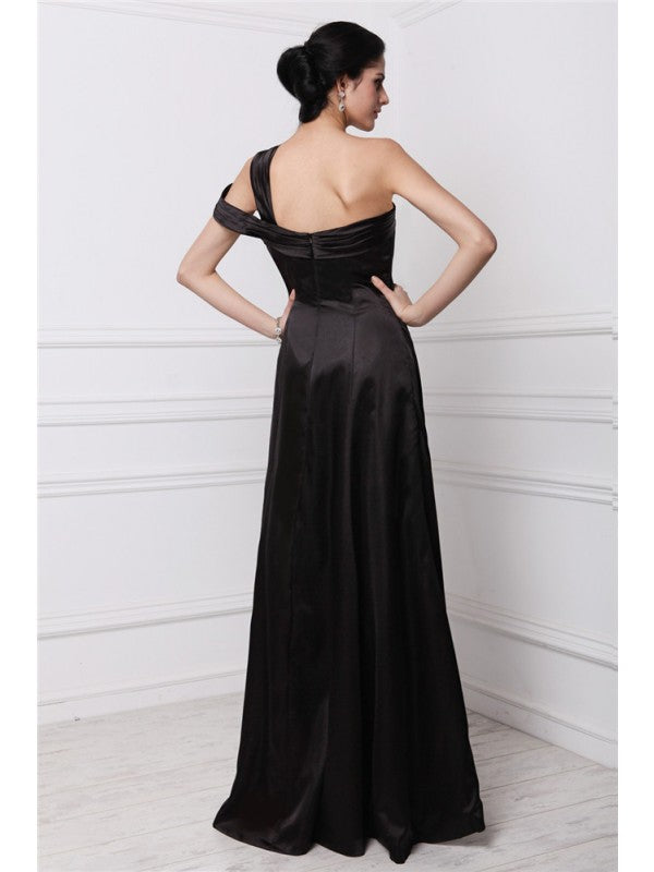 Sheath/Column One-Shoulder Sleeveless Beading Long  Woven Satin Dresses