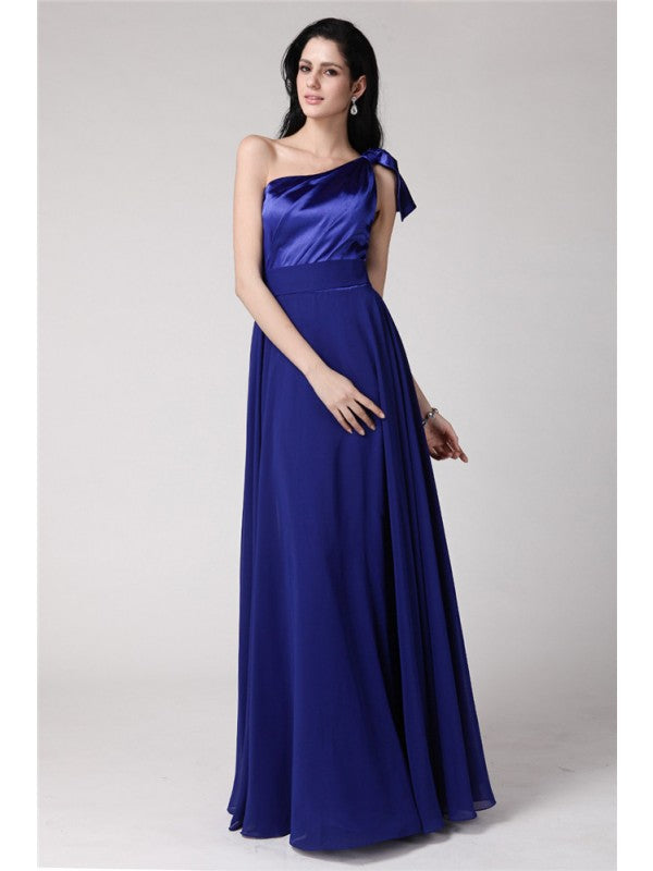 A-Line/Princess One-Shoulder Sleeveless Long Pleats  Woven Satin Chiffon Dresses