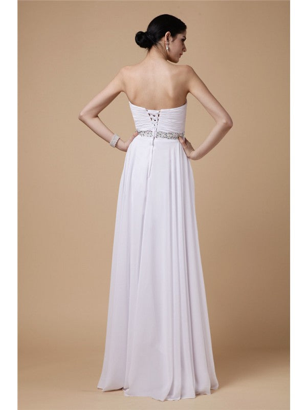 Sheath/Column Strapless Sleeveless Beading Pleats Long Chiffon Dresses