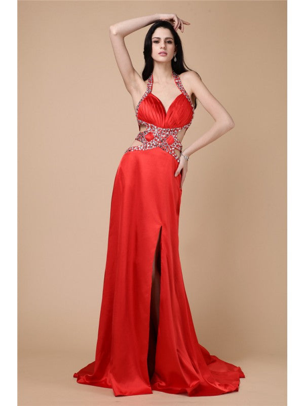 Sheath/Column Halter Sleeveless Beading Long  Woven Satin Dresses