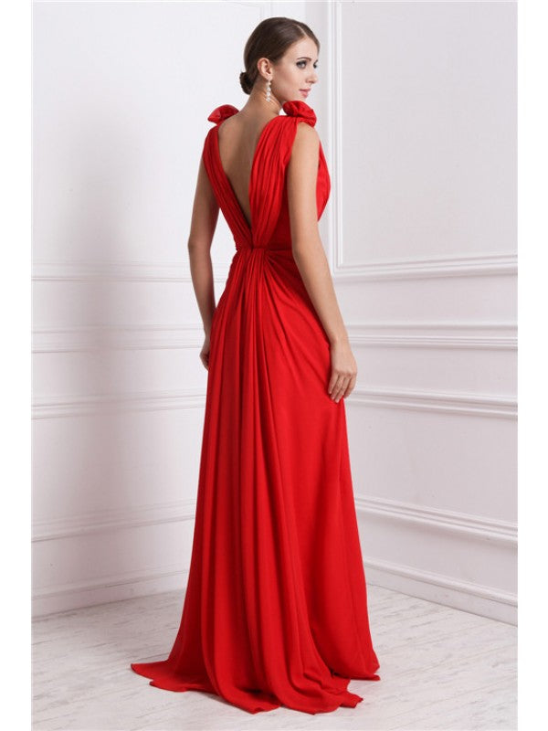 A-Line/Princess V-neck Sleeveless Long Hand-Made Flower Chiffon Dresses