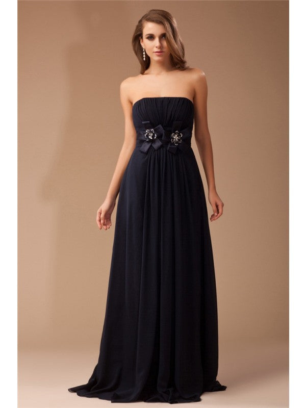 Sheath/Column Strapless Sleeveless Ruffles Long Beading Chiffon  Woven Satin Dresses