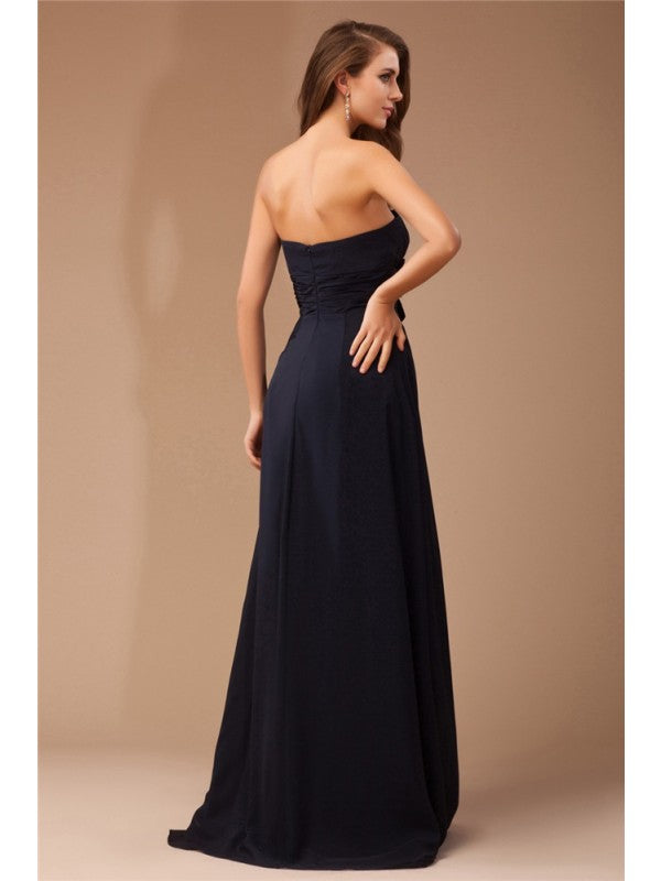 Sheath/Column Strapless Sleeveless Ruffles Long Beading Chiffon  Woven Satin Dresses