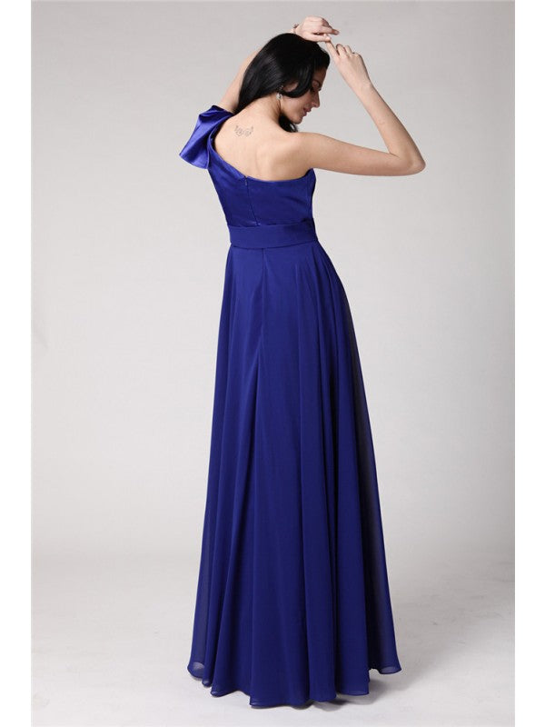 A-Line/Princess One-Shoulder Sleeveless Long Pleats  Woven Satin Chiffon Dresses