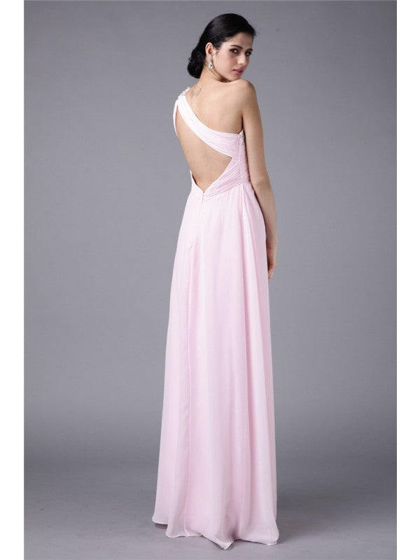 Sheath/Column One-Shoulder Sleeveless Beading Applique Long Chiffon Dresses