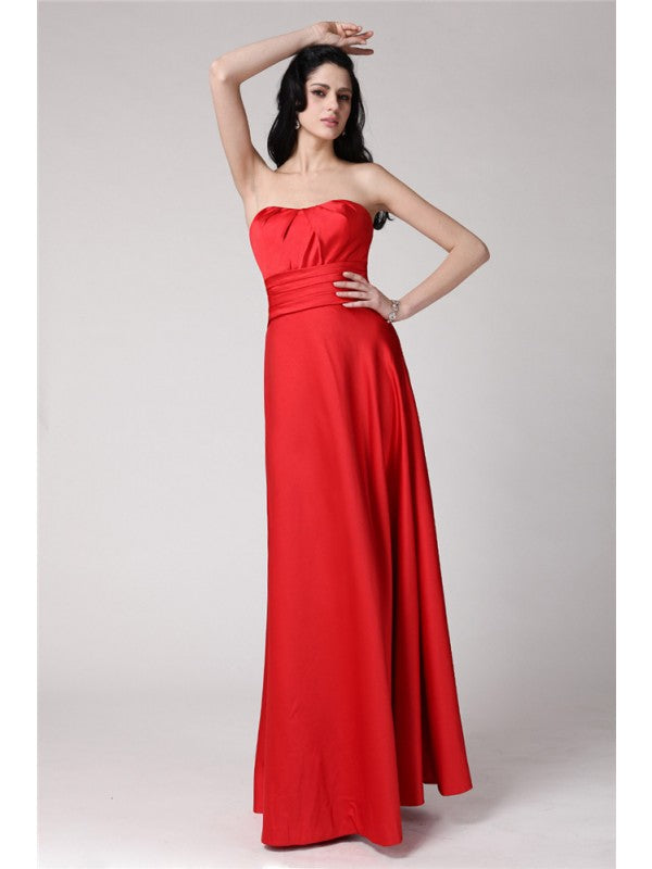 A-Line/Princess Strapless Sleeveless Pleats Long  Woven Satin Bridesmaid Dresses