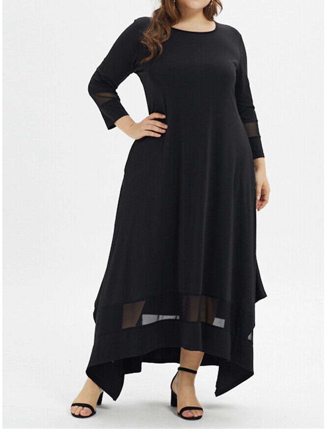 Women's Plus Size Black Dress Prom Dress Party Dress Long Dress Maxi Dress Black Long Sleeve Pure Color Mesh Spring Fall Winter Crew Neck Fashion Winter Dress Wedding Guest Evening Party