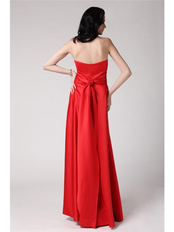 A-Line/Princess Strapless Sleeveless Pleats Long  Woven Satin Bridesmaid Dresses