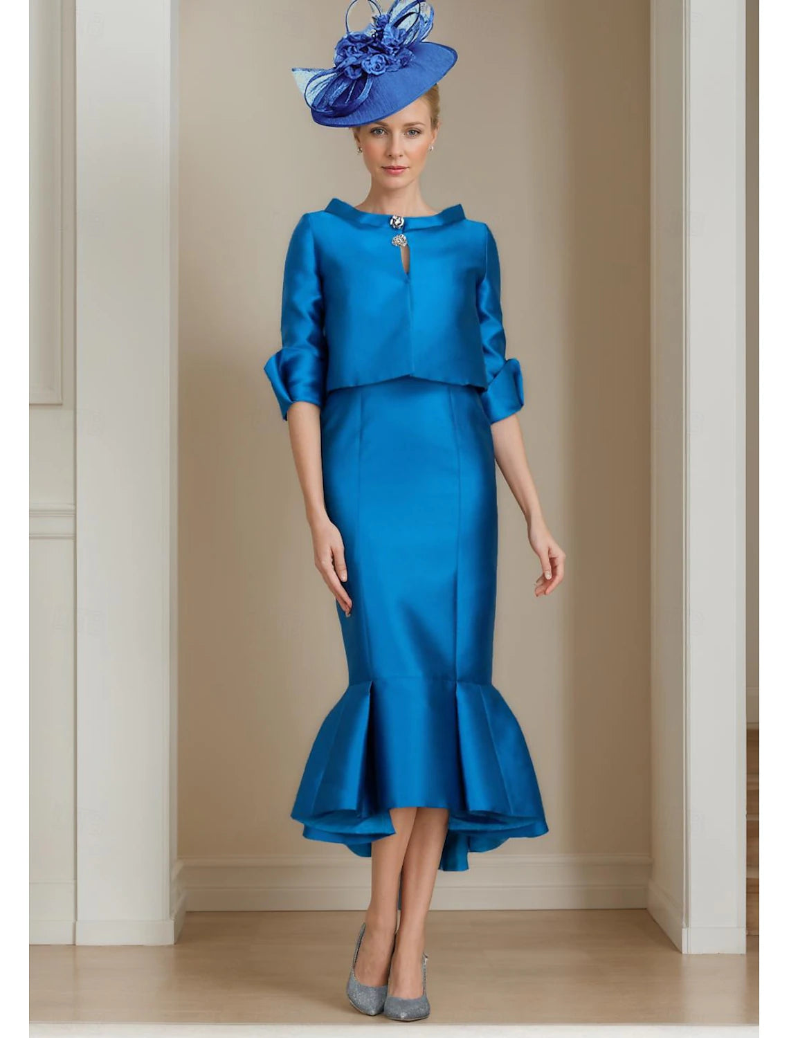 Buyishang Two Piece Mermaid / Trumpet Mother of the Bride Dress Formal Wedding Guest Elegant Jewel Neck Tea Length Satin Half Sleeve with Buttons free custom size