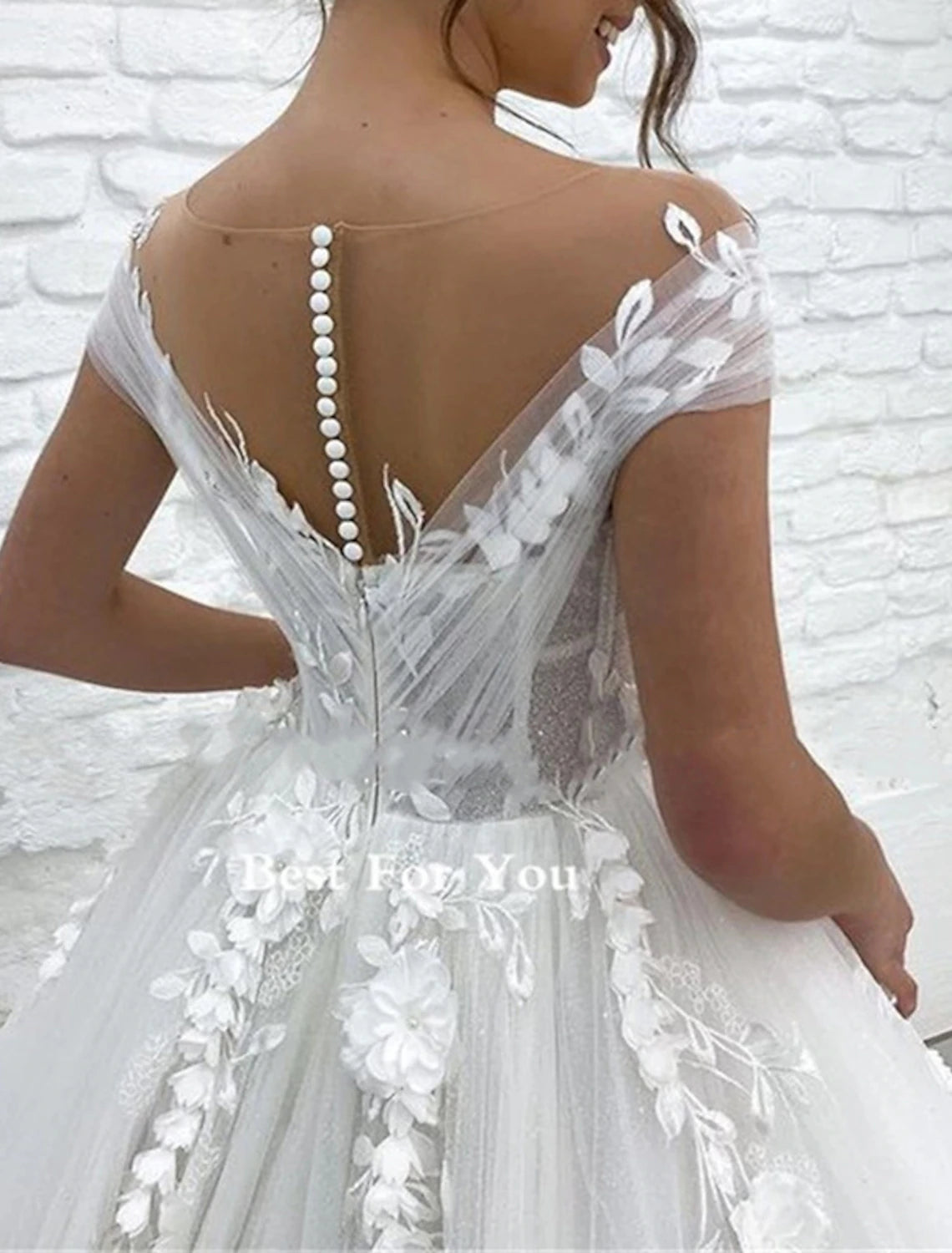 Buyishang Formal Wedding Dresses Ball Gown V Neck Cap Sleeve Chapel Train Lace Bridal Gowns With Appliques
