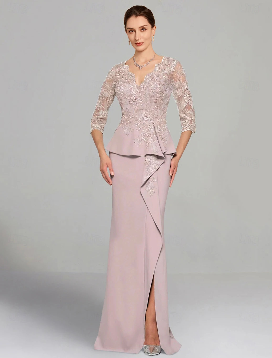 Buyishang Sheath Dress Mother of the Bride Dress Elegant V Neck Floor Length Stretch Chiffon 3/4 Length Sleeve with Lace Pleats Solid Color