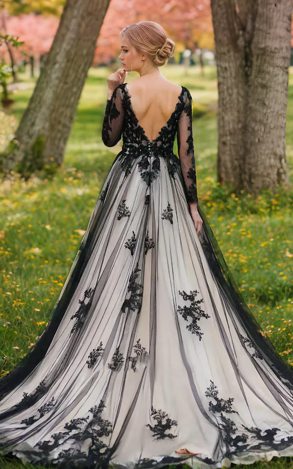 Buyishang Non-Traditional Gothic Black and White Boho Lace Wedding Dress Flowy Forest Sleeved Backless Bridal Gown with Court Train