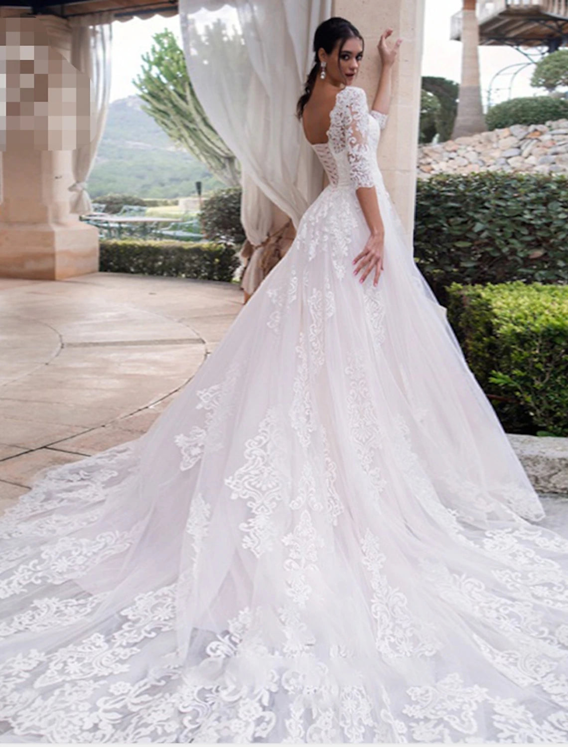 Engagement Formal Fall Wedding Dresses Ball Gown Illusion Neck 3/4 Length Sleeve Court Train Lace Bridal Gowns With Appliques Summer Wedding Party, Women‘s Clothing