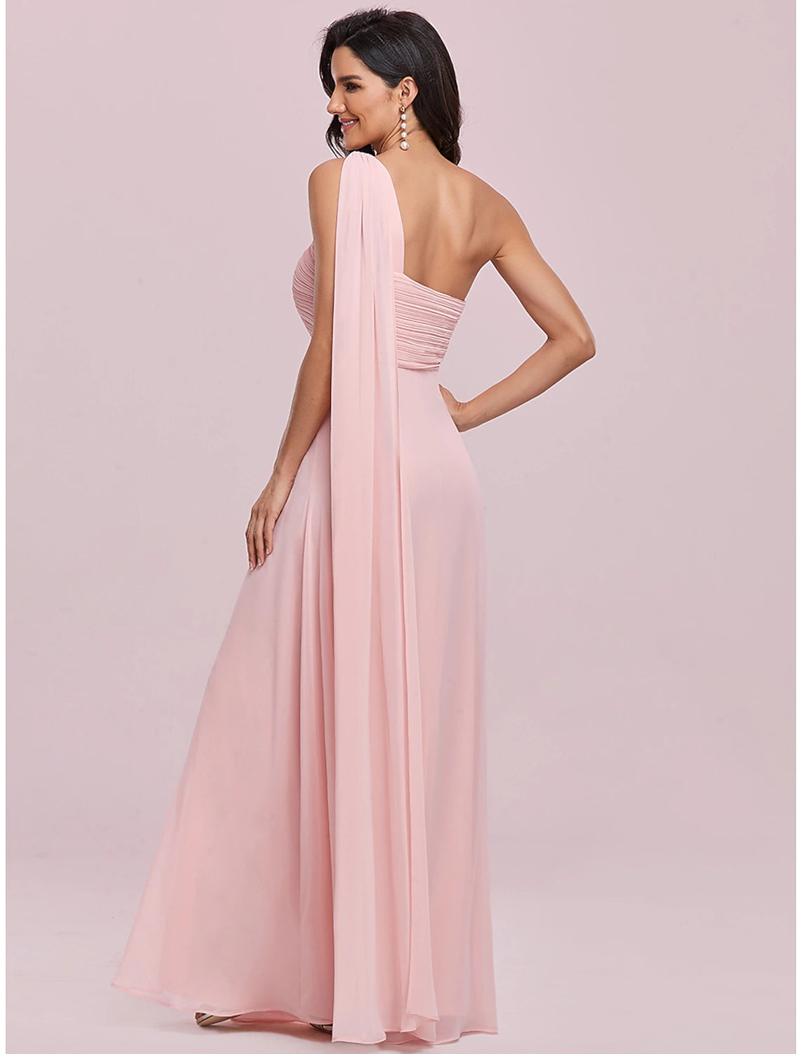 A-Line Evening Gown Empire Dress Formal Evening Floor Length Sleeveless One Shoulder Bridesmaid Dress Chiffon Backless with Pleats Draping