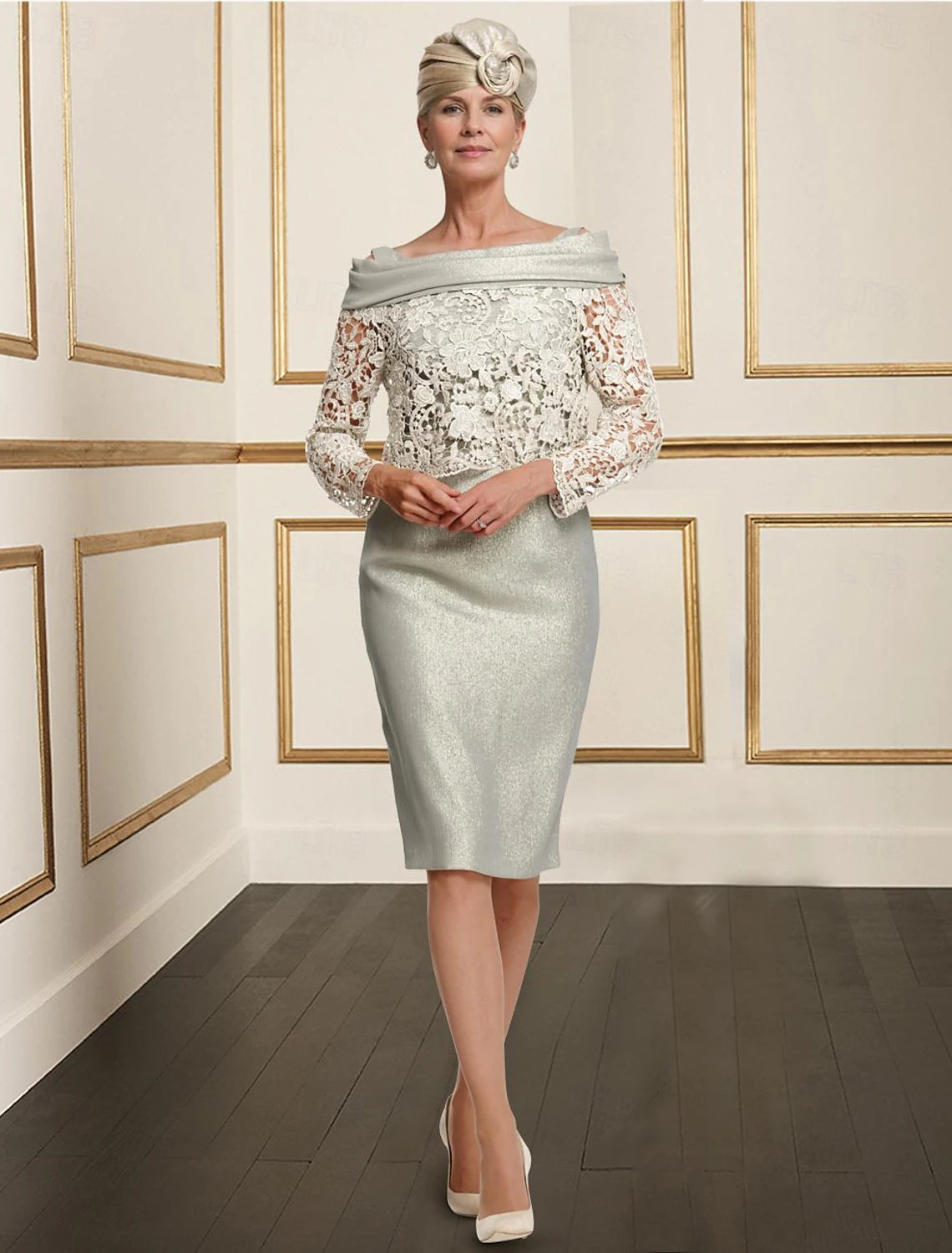 Buyishang Two Piece Sheath 3 Piece Mother of the Bride Dress Elegant Jewel Neck Knee Length Satin Lace 3/4 Length Sleeve Short Jacket Dresses with Lace