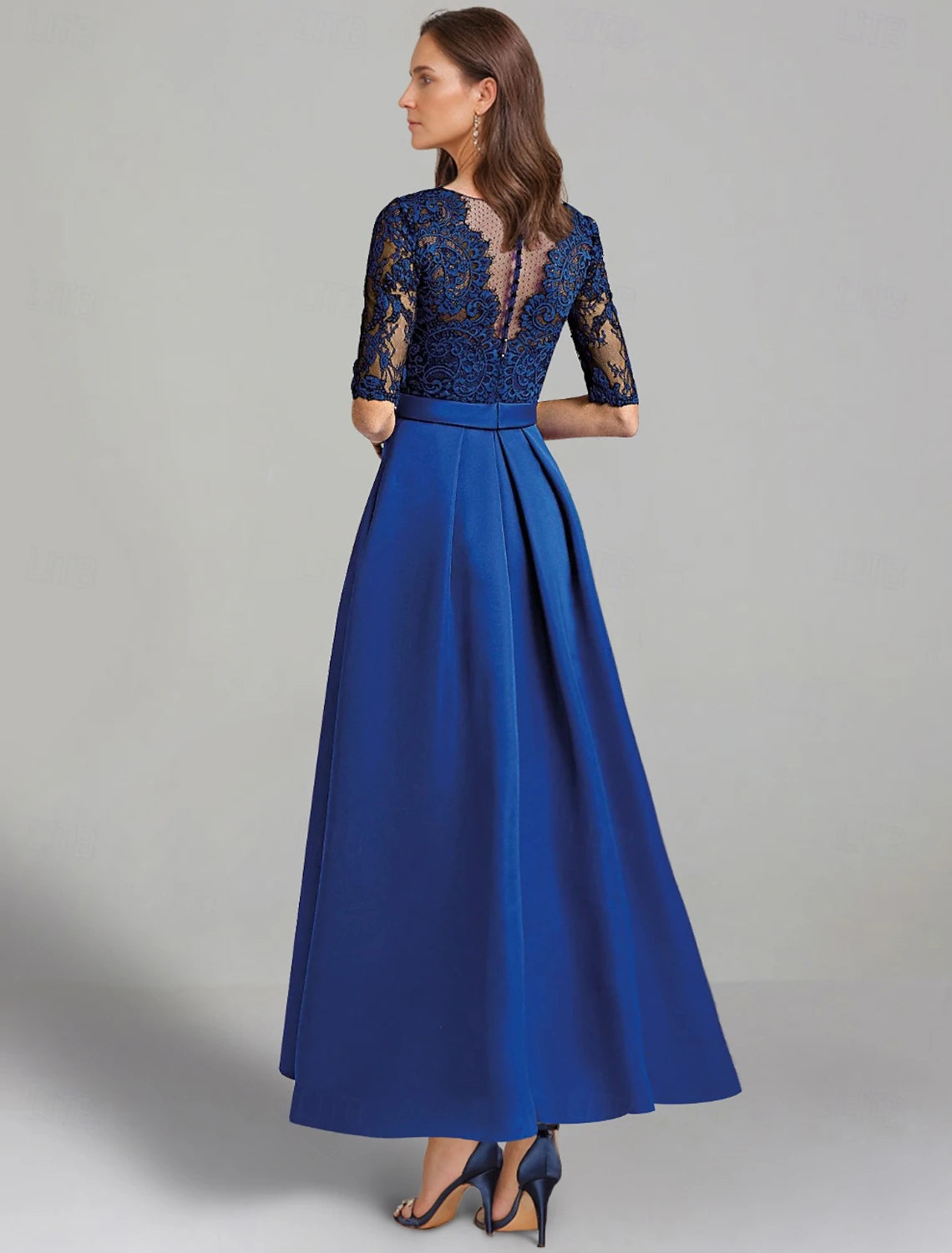 Buyishang A-Line Dress Mother of the Bride Dress Elegant High Low V Neck Asymmetrical Ankle Length Satin Lace Half Sleeve with Lace Color Block free custom size