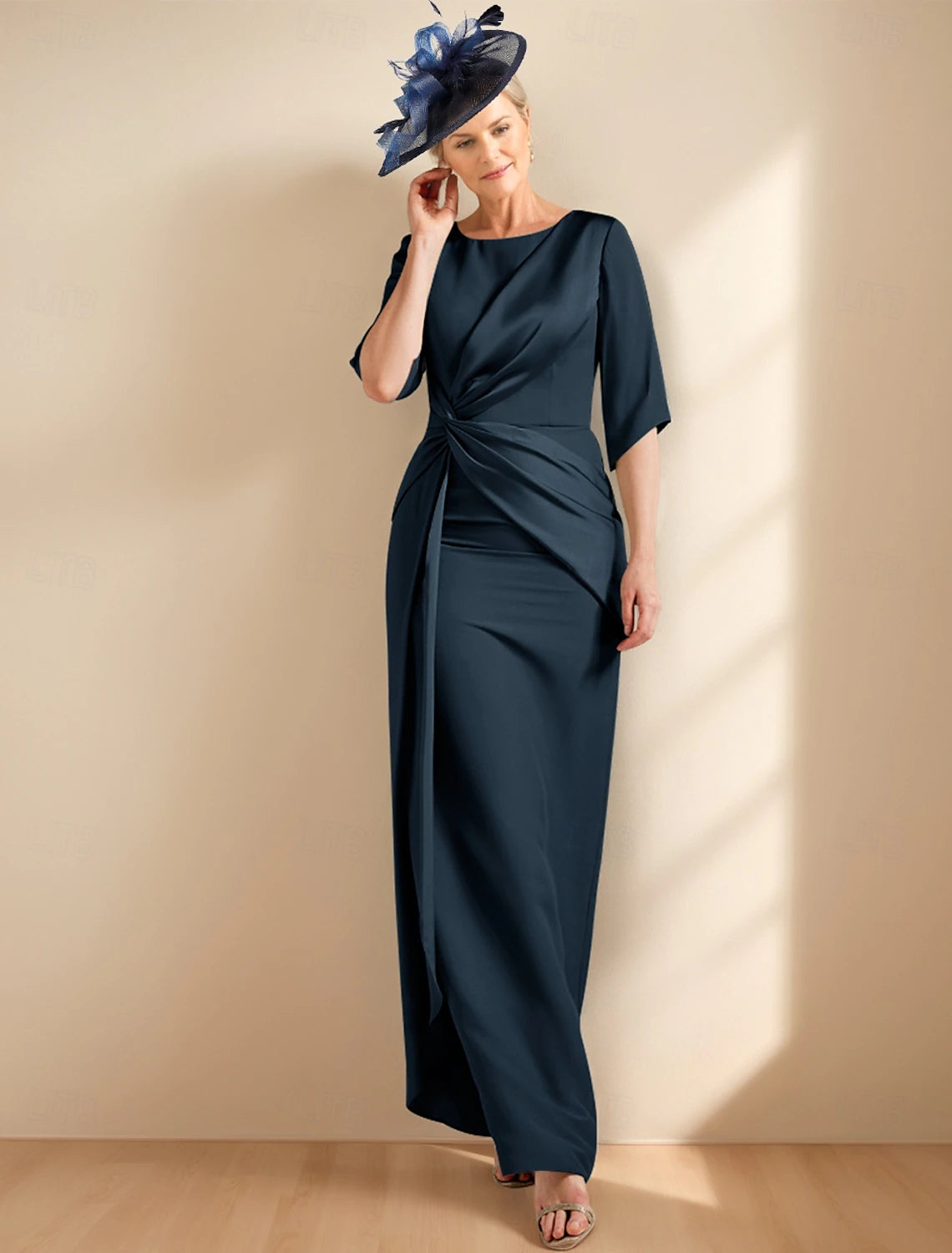 Buyishang Sheath / Column Dress Mother of the Bride Dress Elegant Jewel Neck Ankle Length Satin Half Sleeve with Ruched Solid Color free custom size