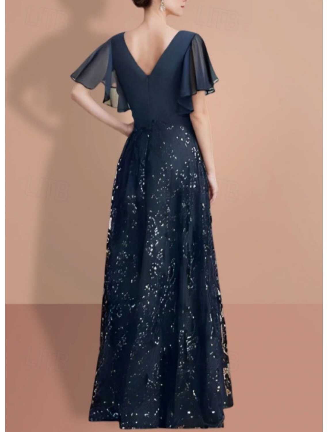 Buyishang A-Line Dress Mother of the Bride Dress Elegant Sparkle & Shine V Neck Floor Length Chiffon Short Sleeve with Lace Ruched Solid Color