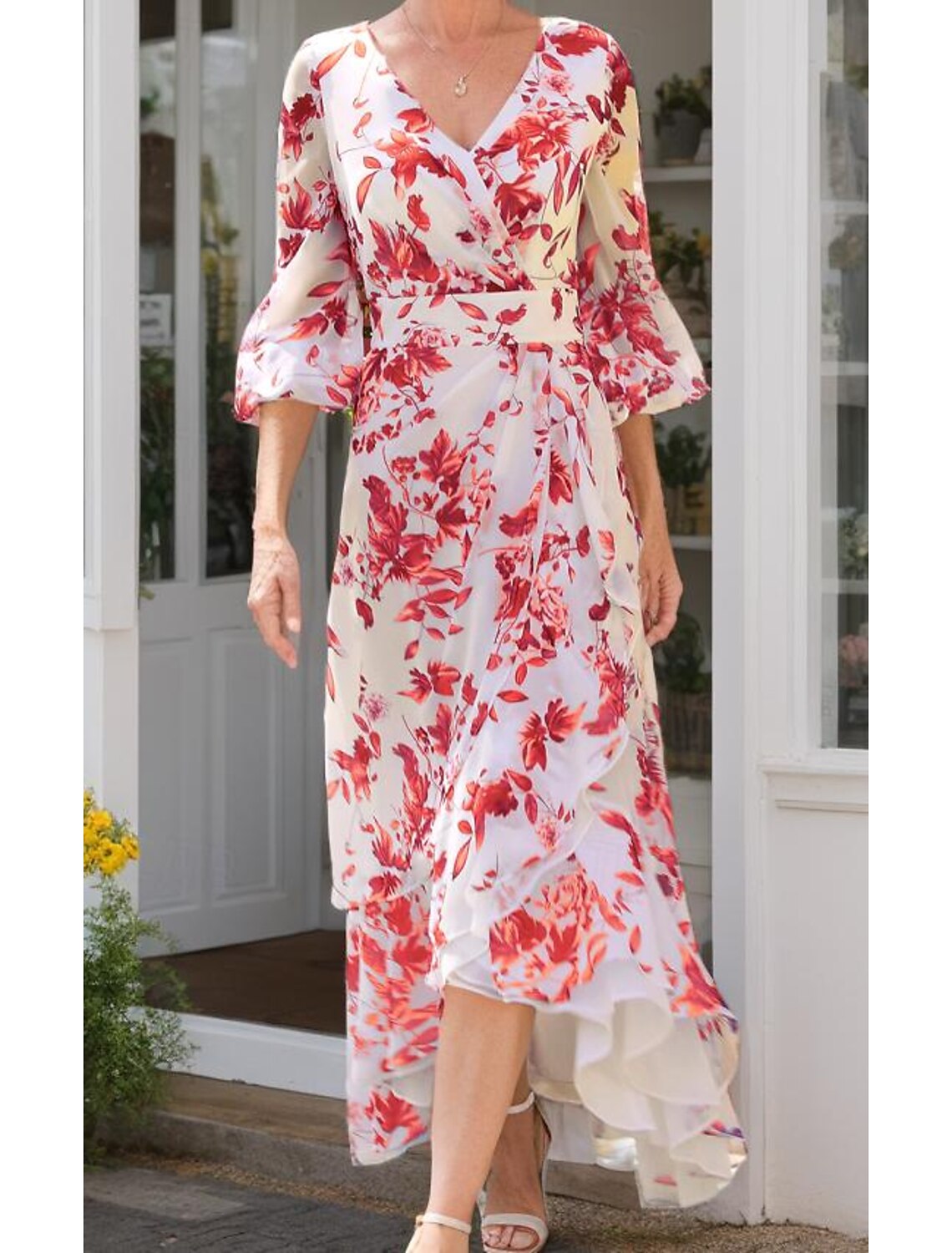 Buyishang A-Line Mother of the Bride Dress Elegant V Neck Asymmetrical Chiffon 3/4 Length Sleeve with Draping free custom size