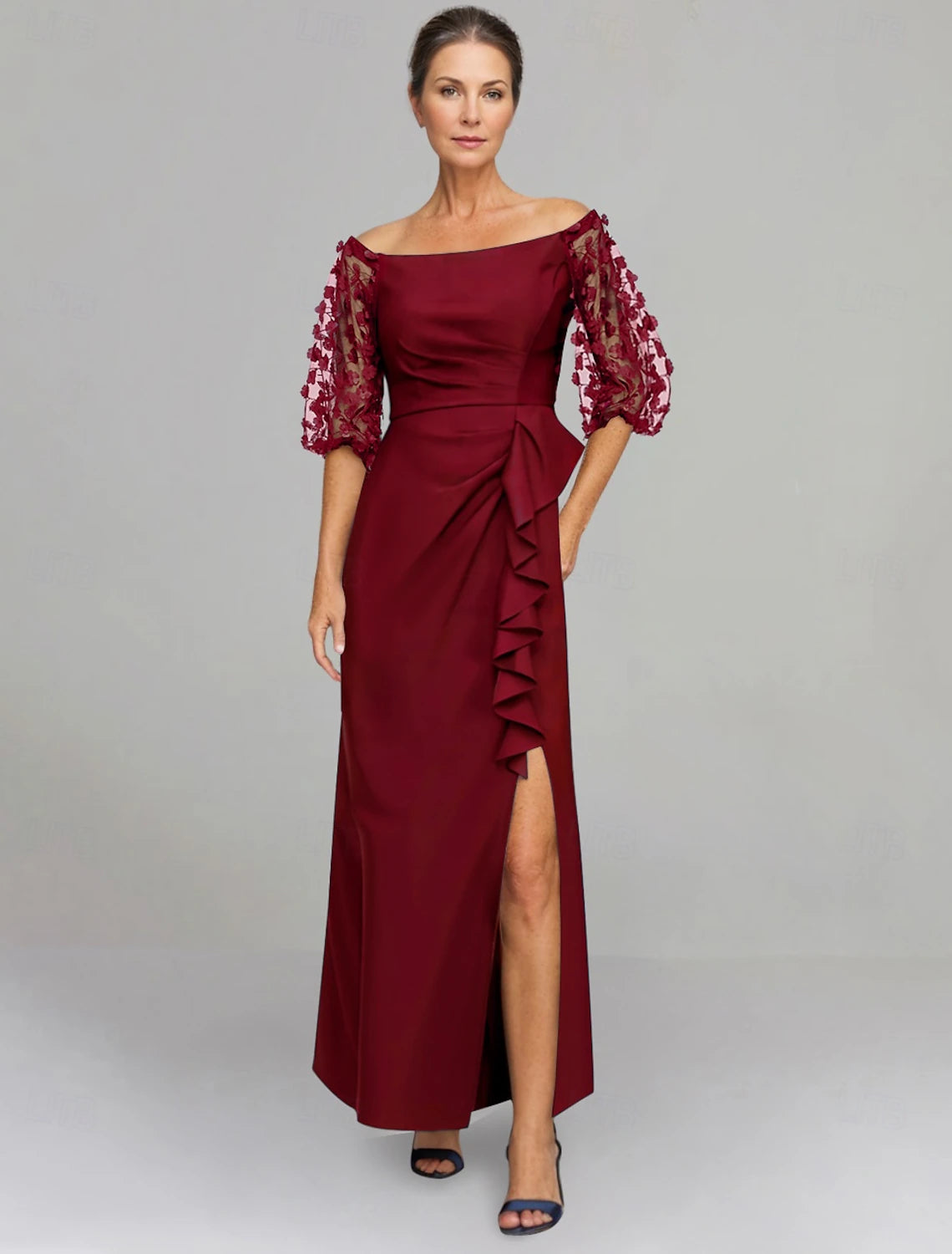 Buyishang A-Line Dress Mother of the Bride Dress Elegant Off Shoulder Floor Length Stretch Fabric Half Sleeve with Lace Solid Color free custom size