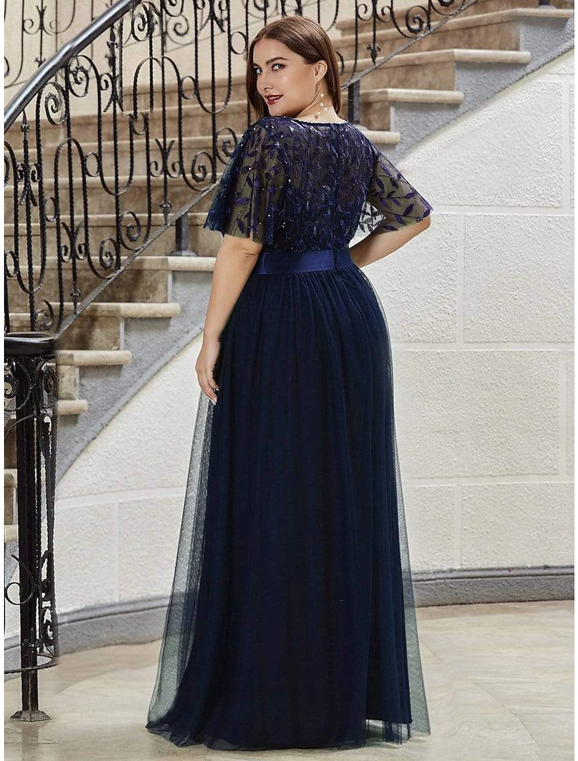 A-Line Empire Elegant Party Wear Prom Dress Jewel Neck Short Sleeve Floor Length Tulle with Embroidery / Illusion Sleeve