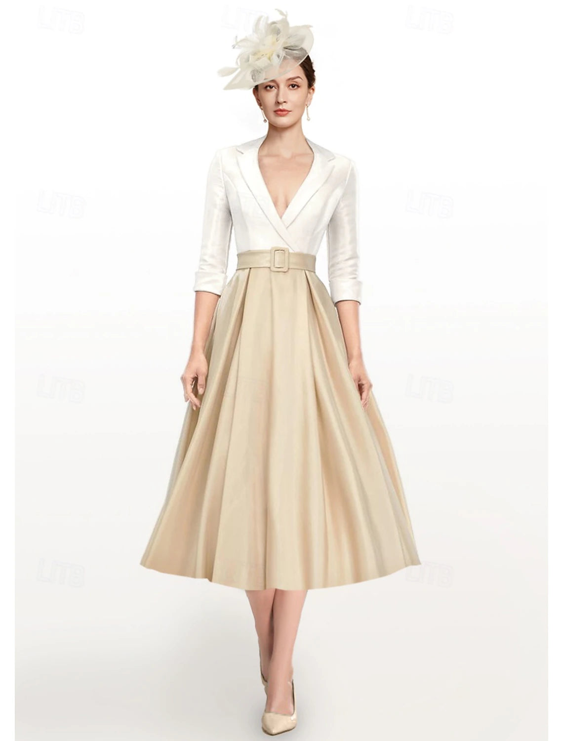 Buyishang A-Line Dress Mother of the Bride Dress Elegant V Neck Tea Length Satin 3/4 Length Sleeve with Pleats Color Block free custom size