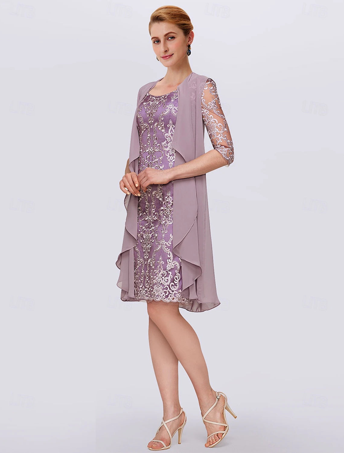 Buyishang Two Piece Sheath Mother of the Bride Dress Elegant Jewel Neck Knee Length Chiffon Lace Half Sleeve Wrap Included Jacket Dresses with Lace free custom size