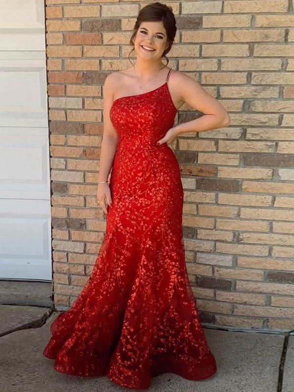 Trumpet/Mermaid Lace One-Shoulder Sleeveless Floor-Length Dresses