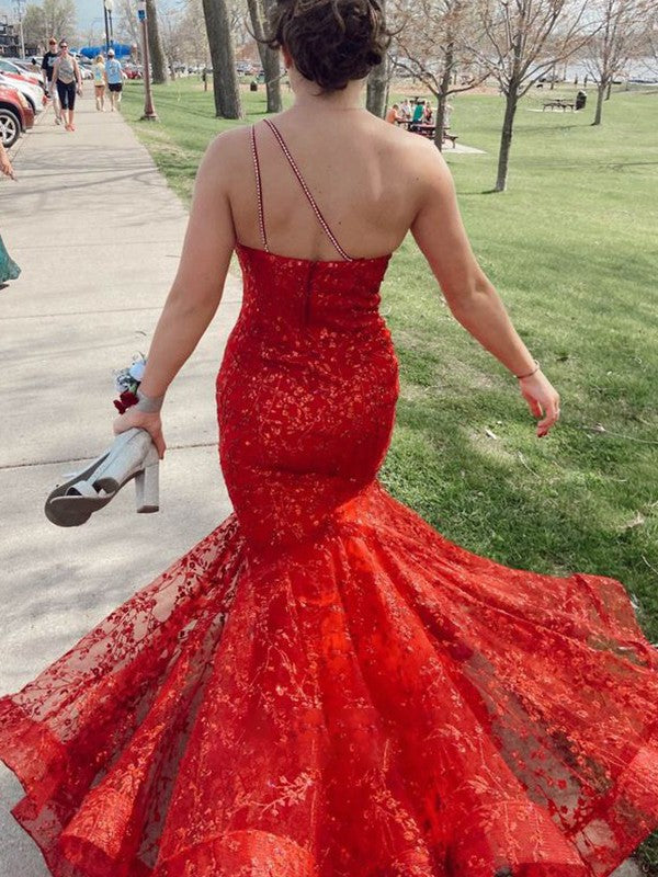 Trumpet/Mermaid Lace One-Shoulder Sleeveless Floor-Length Dresses