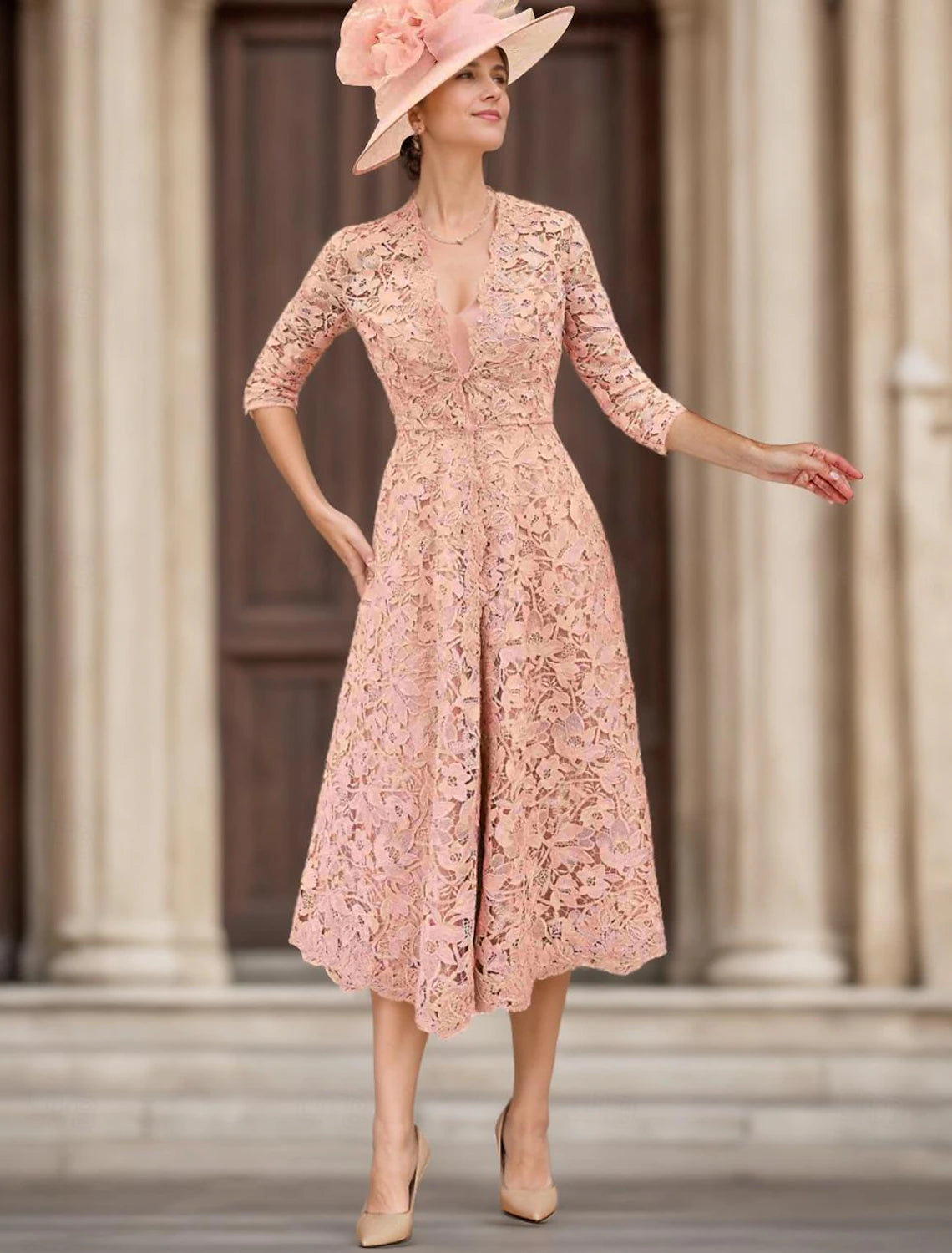 Buyishang A-Line Mother of the Bride Dress Elegant V Neck Tea Length Lace Half Sleeve with Lace free custom size