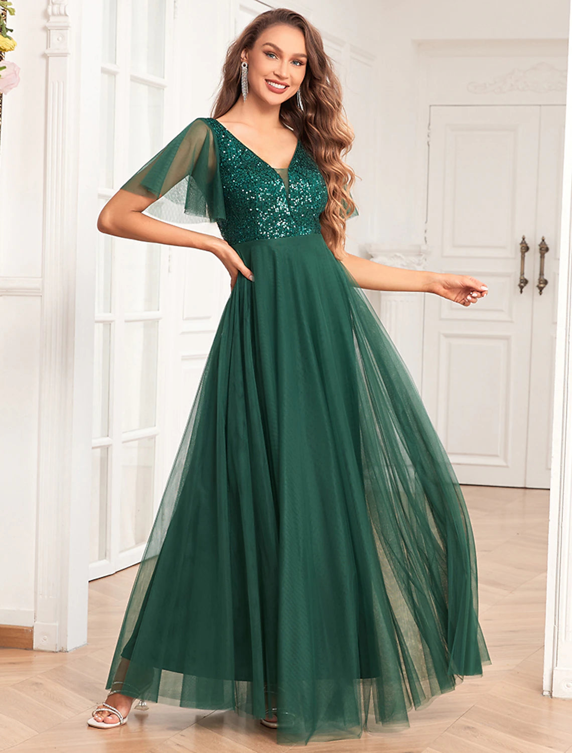 A-Line Party Dresses Empire Dress Evening Party Party Wear Floor Length Short Sleeve V Neck Chiffon V Back with Glitter Sequin