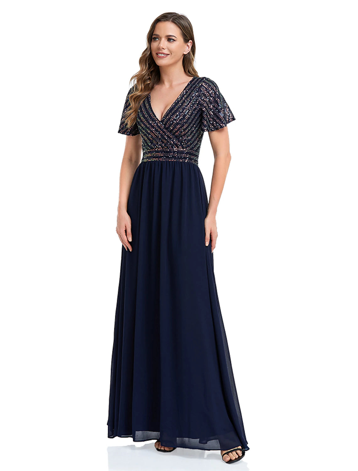 A-Line Mermaid Party Dress Evening Gown Sparkle & Shine Dress Christmas Wedding Guest Floor Length Short Sleeve V Neck Sequined with Sequin