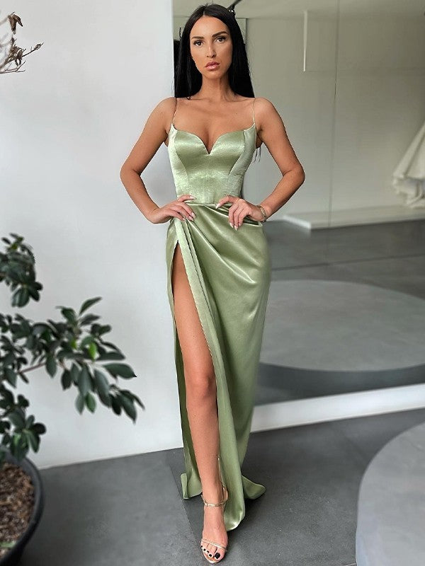 Sheath/Column  Woven Satin Ruched V-neck Sleeveless Sweep/Brush Train Dresses