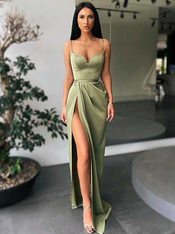 Sheath/Column  Woven Satin Ruched V-neck Sleeveless Sweep/Brush Train Dresses