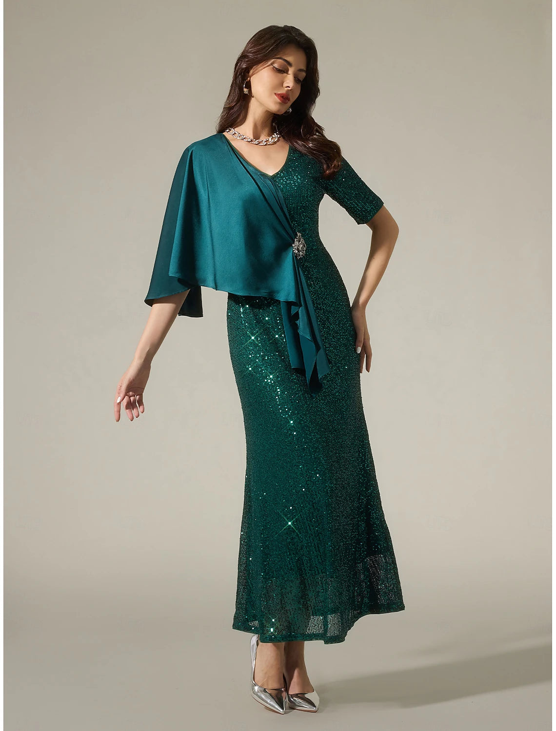 Buyishang Green Satin Sequin Sparkly Mismatched Short Sleeve Mother of the Bride Sparkly Maxi Dress dress to impress
