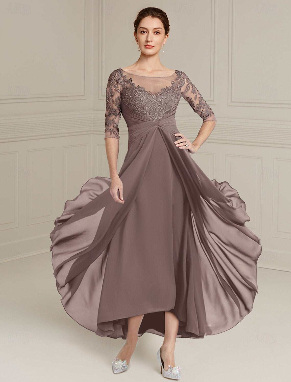 Buyishang Dusk A-Line Formal Mother of the Bride Dress Wedding Guest Elegant Jewel Neck Floor Length Chiffon 3/4 Length Sleeve Wrap Included with Cascading Ruffles Solid Color
