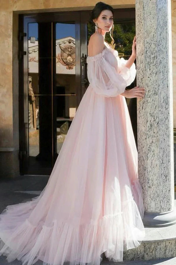 Buyishang Off-shoulder Charming Sweetheart Tulle Wedding Dress With Poet Sleeves