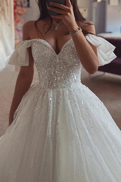 Buyishang Off-Shoulder Glitter Tulle A-Line Sequined Beaded With Train Wedding Dress