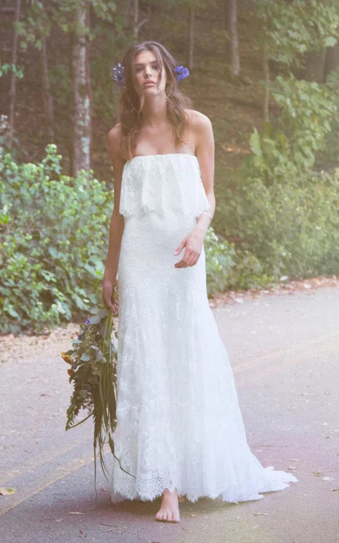 Buyishang Off-Shoulder Long Mermaid Lace Boho Wedding Dress With Ruffles