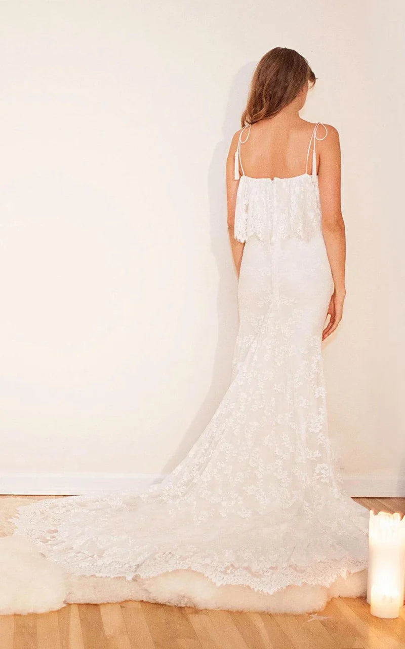 Buyishang Off-Shoulder Long Mermaid Lace Boho Wedding Dress With Ruffles