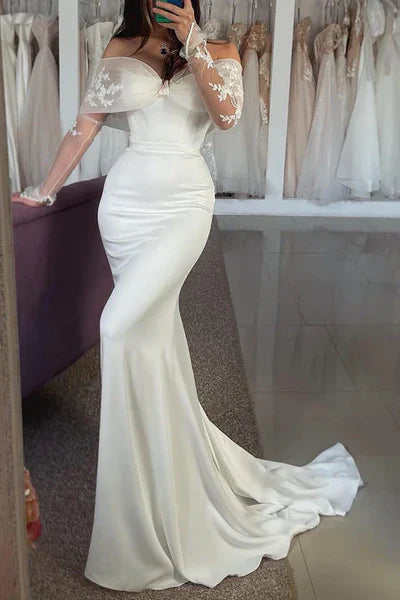 Buyishang Off-Shoulder Long Sleeve Trumpet Appliques Beach Wedding Dress